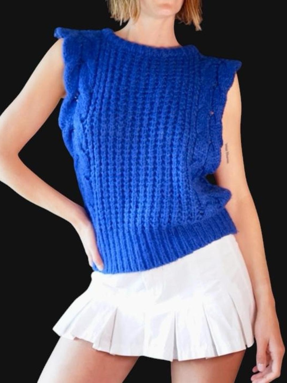 Blue Knit Ruffle-Trim Sleeveless Sweater Vest Top